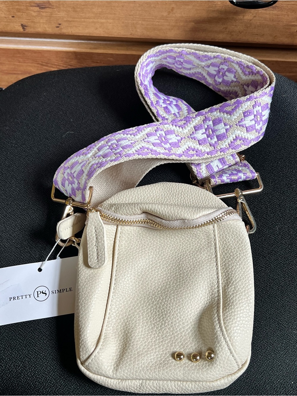 Pretty Simple Cream Crossbody Bag with Lavender Woven Strap